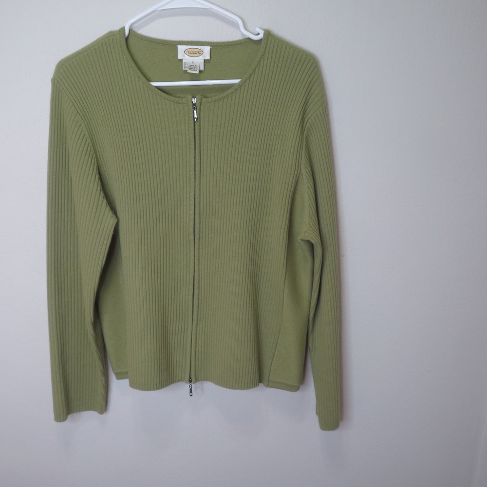 Talbots Green 100% Wool Full Zip Ribbed Cardigan Sweater Sage Womens Large
